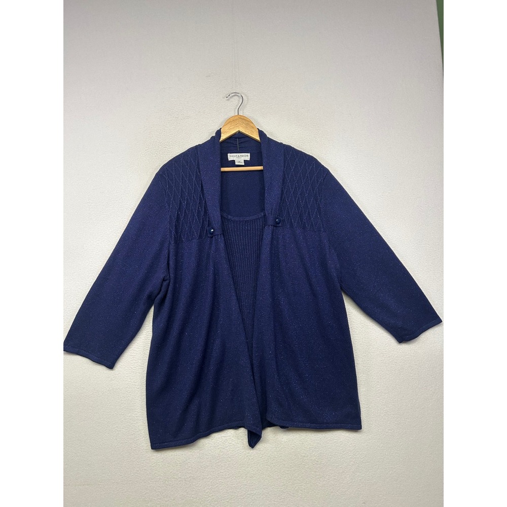 Metallic Shimmer Sag Harbor Woman Plus 2X Navy Blue Open Front Twin Set Cardigan